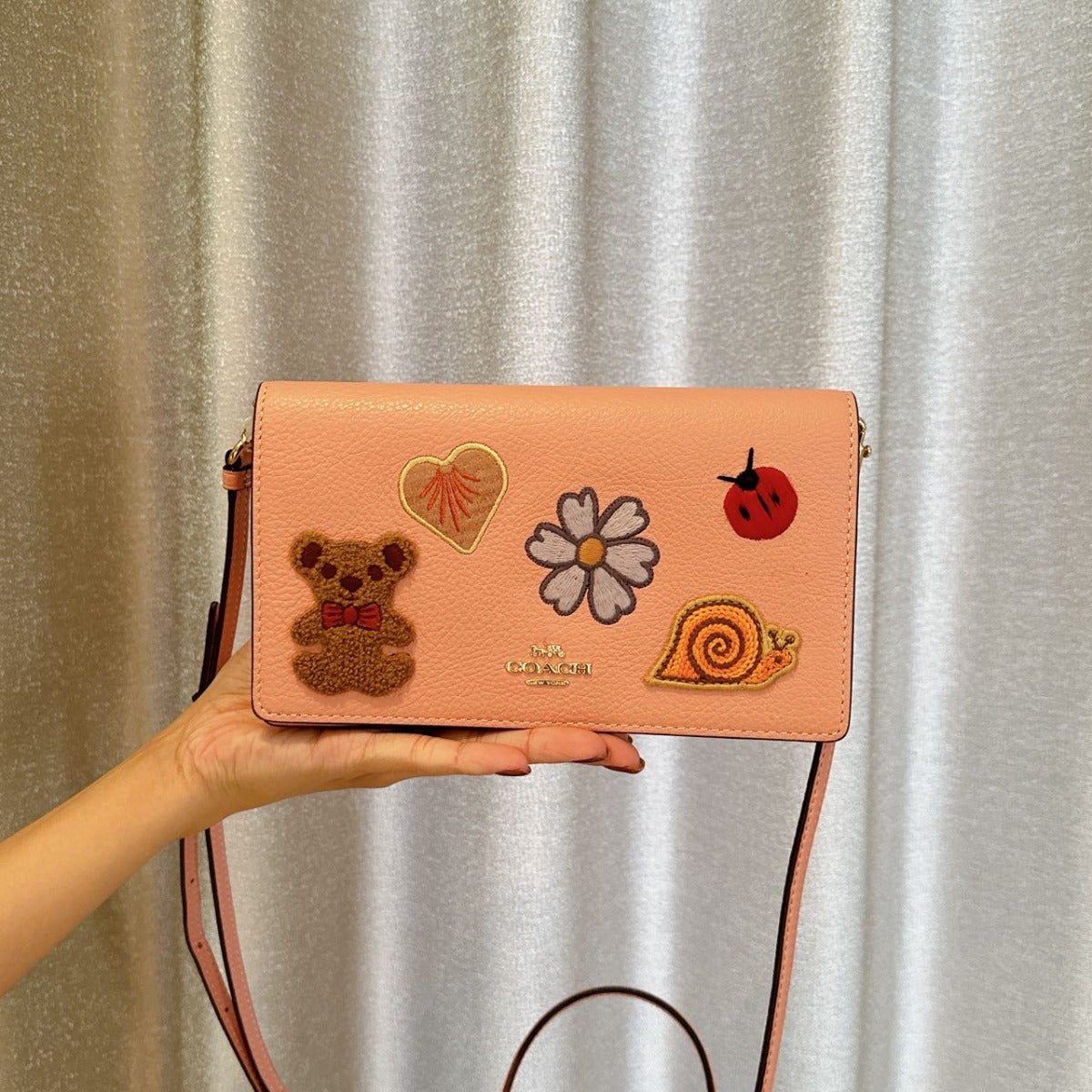 Coach CC469 Anna Foldover Clutch Crossbody With Creature Patches Candy Pink Multi Coach CC469 Anna Foldover Clutch Crossbody With Creature Patches Candy Pink Multi